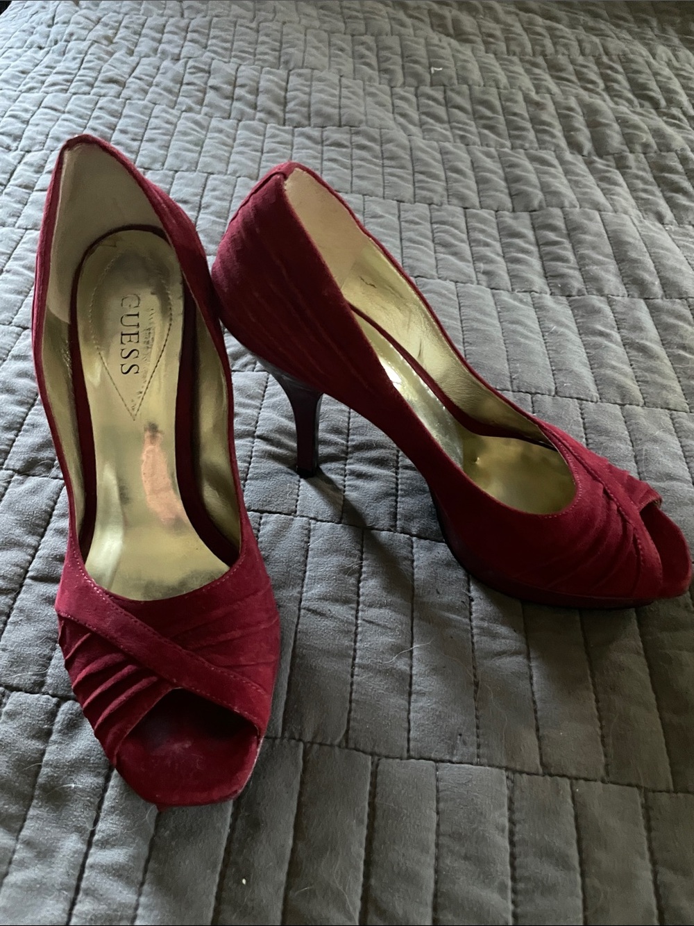 GUESS Burgundy Suede Peep-Toe Stiletto Heels